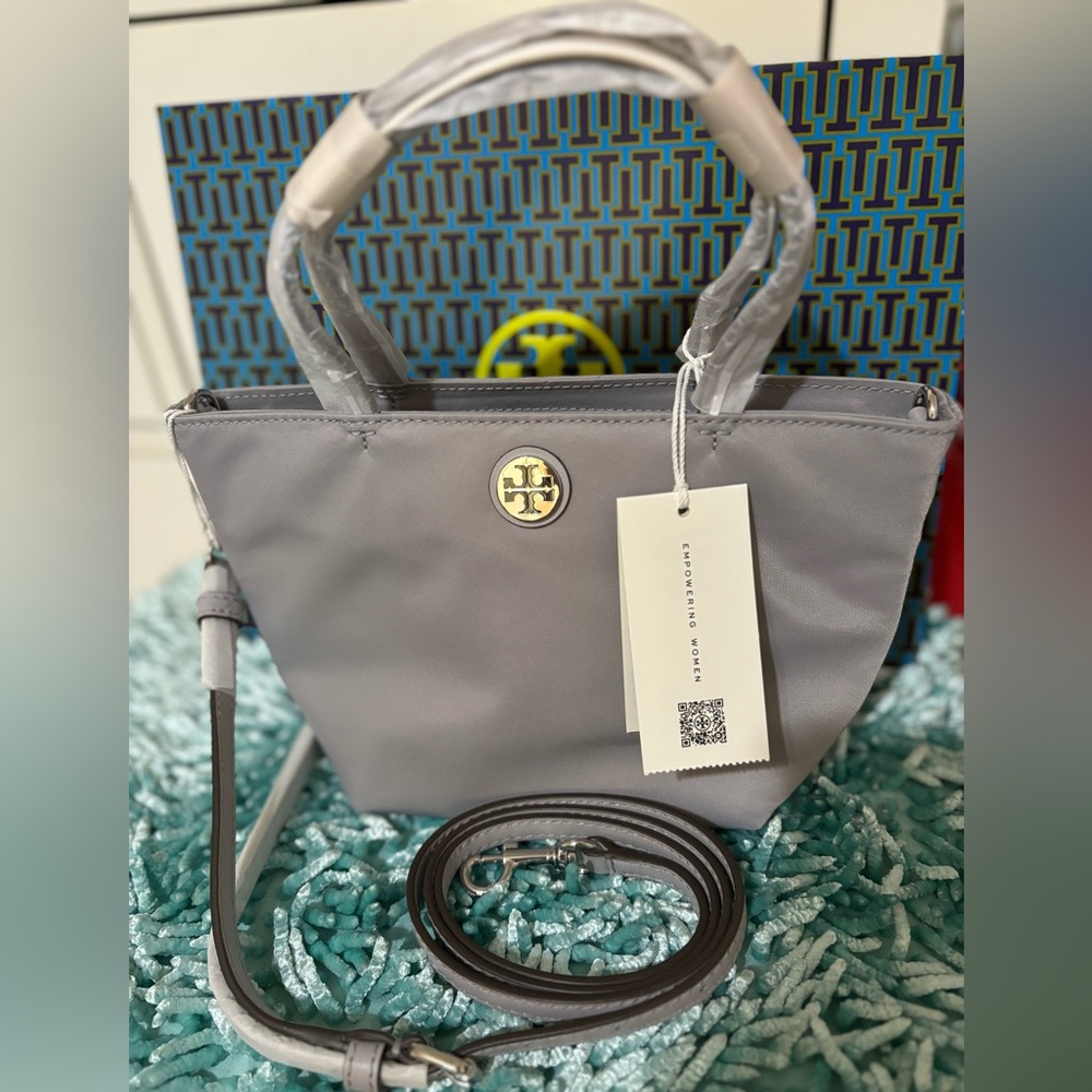 Authentic Tory Burch Nylon Mini Tote Crossbody Bag Purse Bay Gray